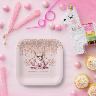 Elegant Chihuahua mit Glitzer Birthday Party Pappteller