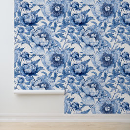 Elegant  Chinoiserie Blue and White Floral Pattern Tapete