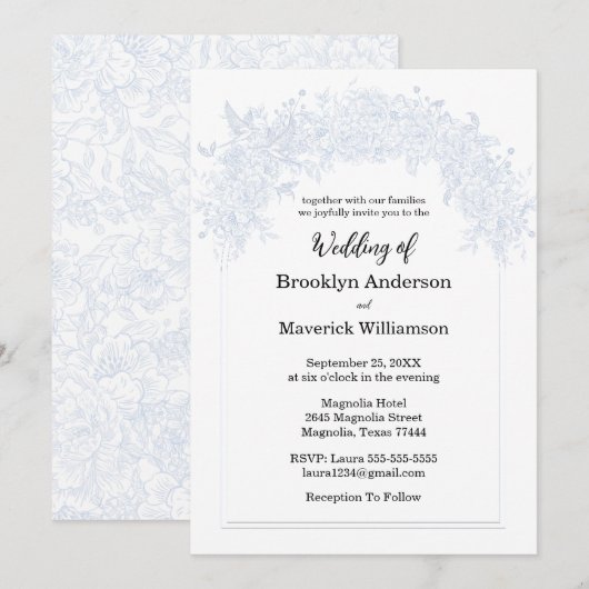 Elegant Chinoiserie Blue Floral Wedding Invitation Einladung (Vorne/Hinten)