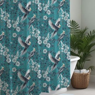 Elegant Chinoiserie Cockatiel Birds Floral Teal Duschvorhang
