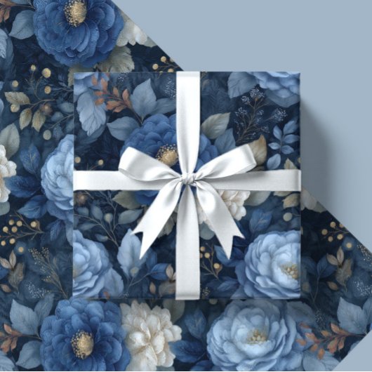 Elegant Christmas Blue and White Floral Gift  Geschenkpapier