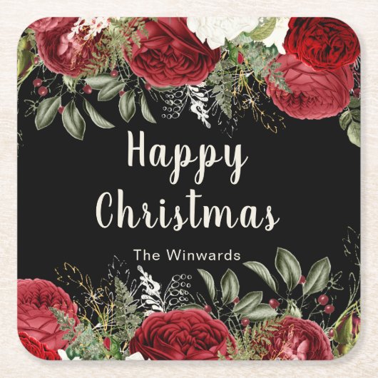 Elegant Christmas Dinner Party Red Flowers Rechteckiger Pappuntersetzer (Vorderseite)