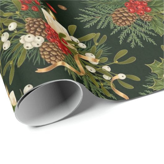 Elegant Christmas Floral Pinecone Pattern Geschenkpapier (Rolleneckpunkt)