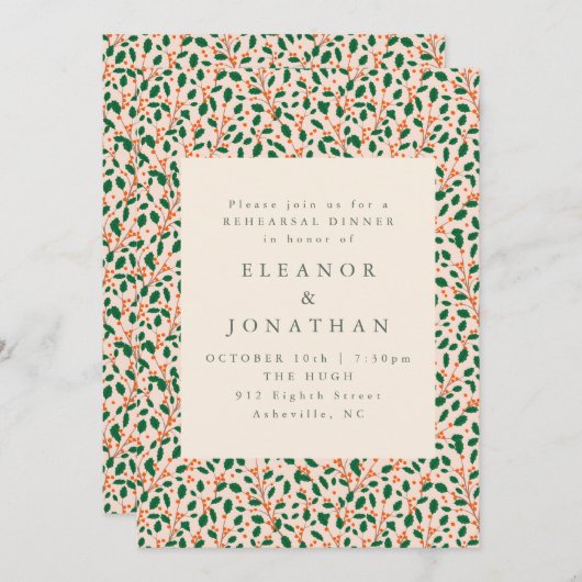 Elegant Christmas Holly Wedding Rehearsal Dinner Einladung (Vorne/Hinten)