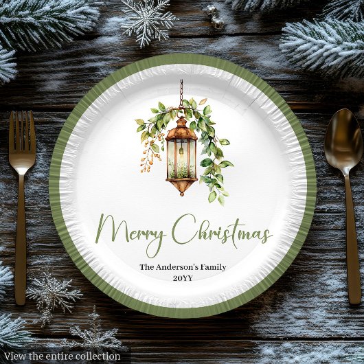 Elegant Christmas Lantern with Boho Florals Plate Pappteller