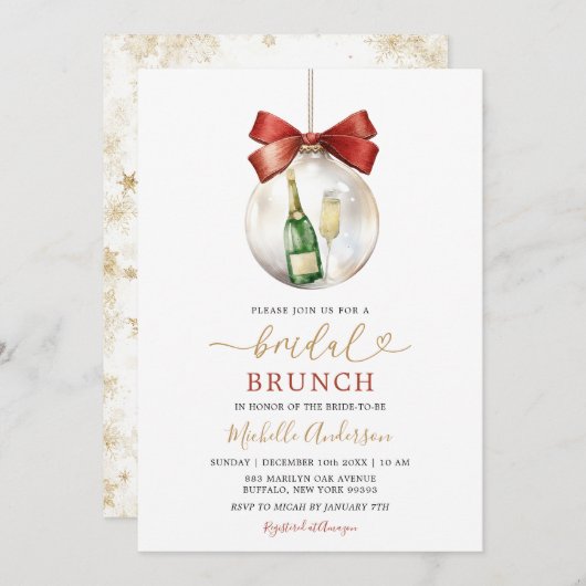 Elegant Christmas Ornament Prosecco Bridal Brunch Einladung (Vorne/Hinten)