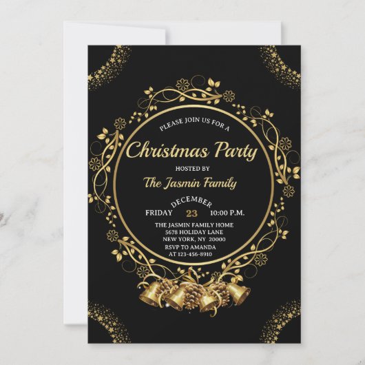 Elegant CHRISTMAS PARTY Black and Gold bells Einladung (Vorderseite)