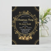 Elegant CHRISTMAS PARTY Black and Gold bells Einladung (Stehend Vorderseite)