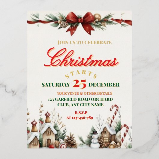 Elegant Christmas Party Invitation Folie Einladungspostkarte (Vorderseite)