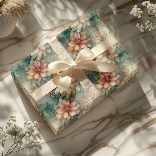Elegant Christmas Peach and Sage Green Floral Geschenkpapier