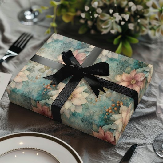 Elegant Christmas Peach and Sage Green Floral  Geschenkpapier Set