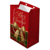 Elegant Christmas Plaid Gift Bag with Gold Bow Mittlere Geschenktüte (Vorderseite Schrägansicht)