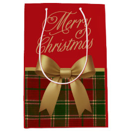 Elegant Christmas Plaid Gift Bag with Gold Bow Mittlere Geschenktüte