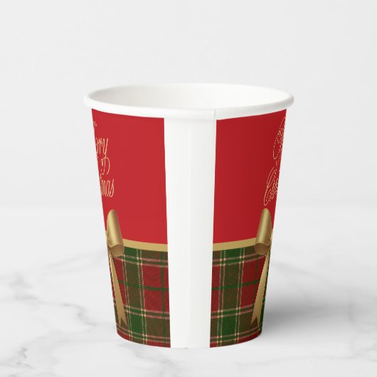 Elegant Christmas Plaid Paper Cup with Gold Bow Pappbecher (Rechts)