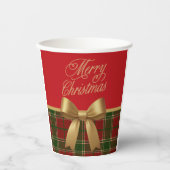 Elegant Christmas Plaid Paper Cup with Gold Bow Pappbecher (Vorderseite)