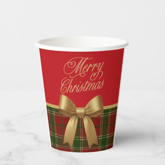 Elegant Christmas Plaid Paper Cup with Gold Bow Pappbecher (Vorderseite)