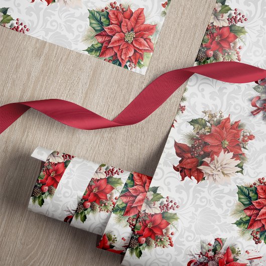 Elegant Christmas Poinsettias and Damask Geschenkpapier