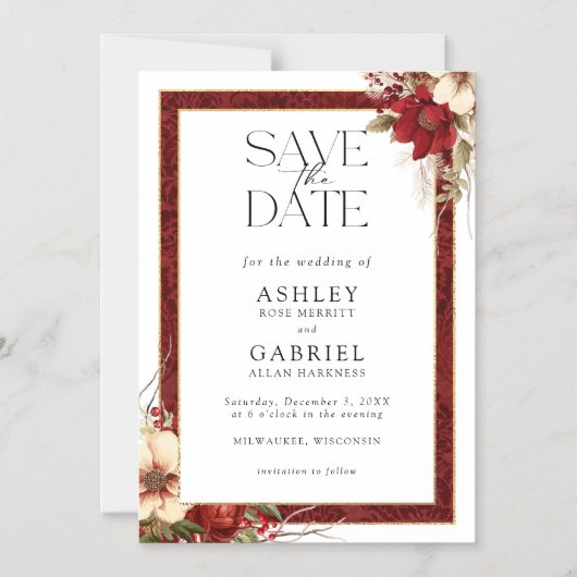 Elegant Christmas Red Damask Floral Save the Date Magneteinladung (Vorderseite)