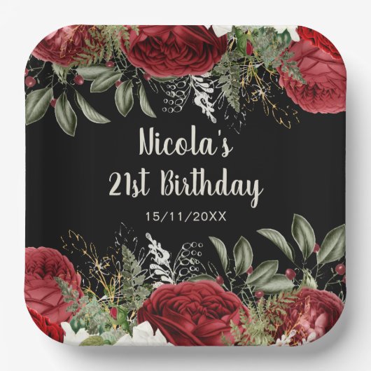 Elegant Christmas Red Flowers Birthday Party Pappteller (Vorderseite)