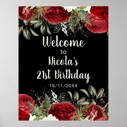 Elegant Christmas Red Flowers Birthday Party Poster (Vorne)
