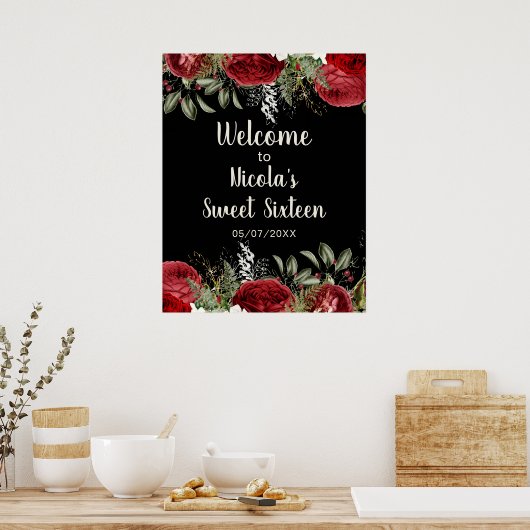 Elegant Christmas Red Flowers Sweet Sixteen Poster (Küche)