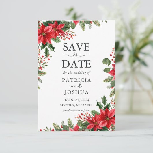 Elegant Christmas Save the Date with Poinsettias (Stehend Vorderseite)