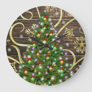 Elegant Christmas Tree Barn Wood Gold Design Große Wanduhr