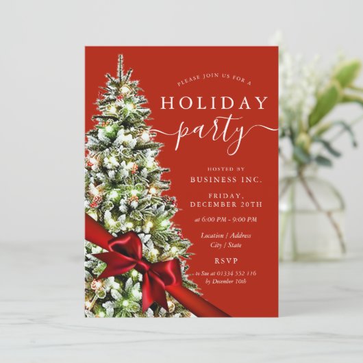 Elegant Christmas Tree Bow Corporate Holiday Red Einladung (Stehend Vorderseite)