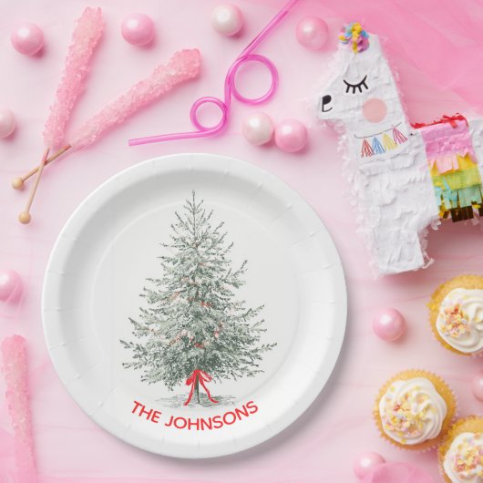Elegant Christmas Tree & Custom Name Paper Plates Pappteller (Party)