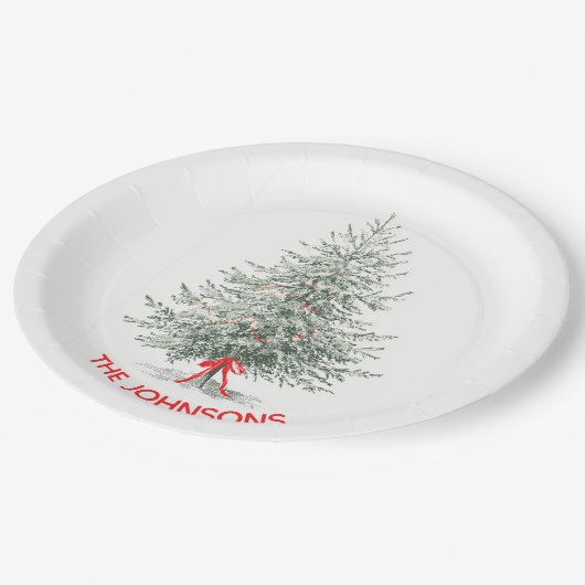 Elegant Christmas Tree & Custom Name Paper Plates Pappteller (Schrägansicht)