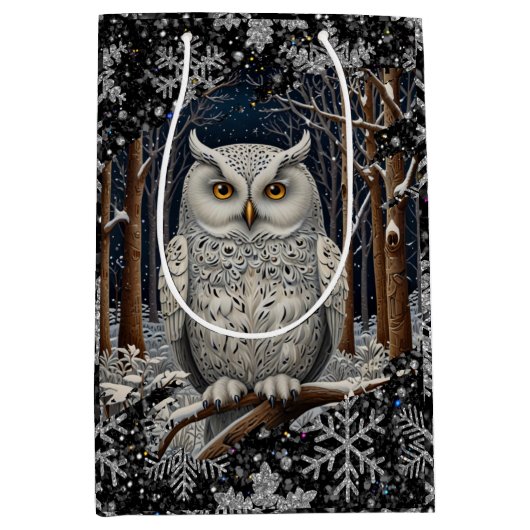Elegant Christmas white owl woodland winter forest Mittlere Geschenktüte (Vorderseite)