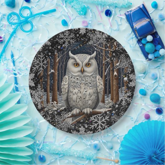Elegant Christmas white owl woodland winter forest Pappteller (Party)