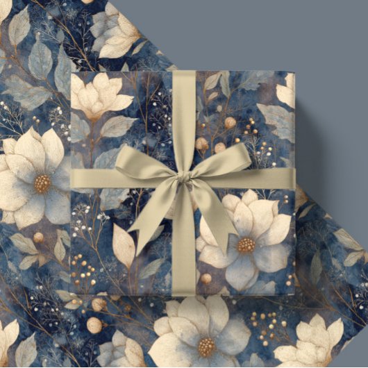 Elegant Christmas Winter Cream And Navy Floral Geschenkpapier