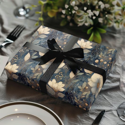 Elegant Christmas Winter Cream And Navy Floral Geschenkpapier Set