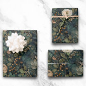 Elegant Christmas Winter Green and Cream Floral Geschenkpapier Set