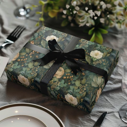 Elegant Christmas Winter Green and Cream Floral Geschenkpapier Set