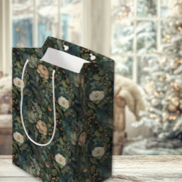 Elegant Christmas Winter Green and Cream Floral Mittlere Geschenktüte
