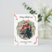 Elegant Christmas Wreath Bow Custom Family Photo Postkarte (Stehend Vorderseite)