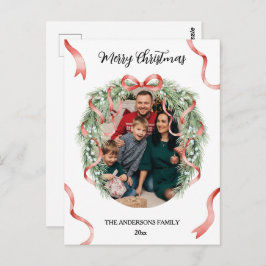 Elegant Christmas Wreath Bow Custom Family Photo Postkarte