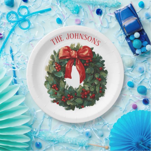Elegant Christmas Wreath Custom Name Paper Plates Pappteller (Party)