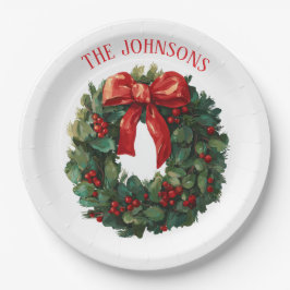 Elegant Christmas Wreath Custom Name Paper Plates Pappteller