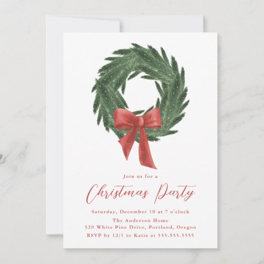 Elegant Christmas Wreath Red Bow Holiday Party Einladung (Vorderseite)
