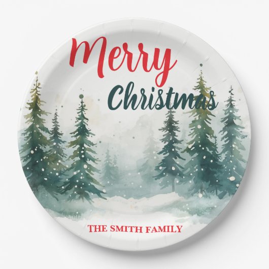 Elegant Christmas Xmas winter pine tree forest Hol Pappteller (Vorderseite)