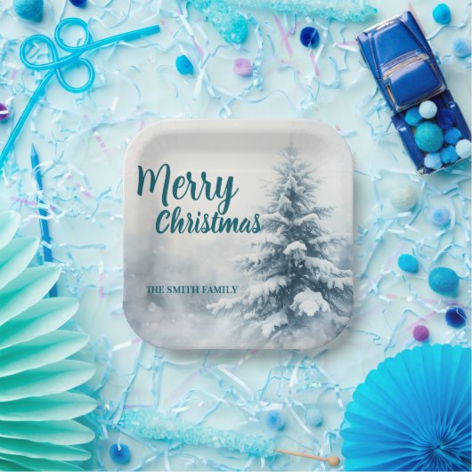 Elegant Christmas Xmas winter pine tree forest Hol Pappteller (Party)