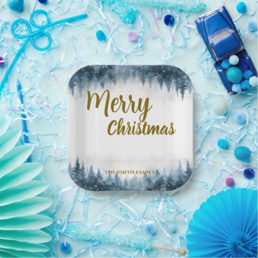 Elegant Christmas Xmas winter pine tree forest Pappteller (Party)