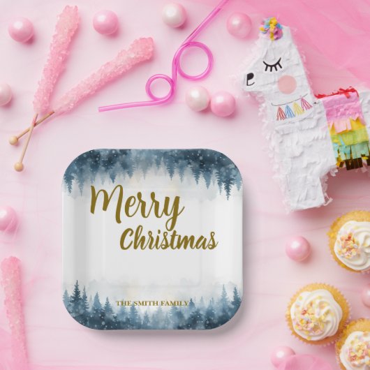 Elegant Christmas Xmas winter pine tree forest Pappteller (Party)