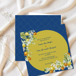 Elegant Citrus Blue Gold Floral Wedding Einladung
