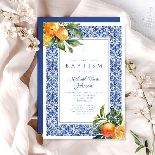 Elegant Citrus Blue Tiles Religious Boy Baptisse Einladung