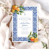 Elegant Citrus Blue Tiles Religious Boy Baptisse Einladung