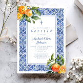 Elegant Citrus Blue Tiles Religious Boy Baptisse Einladung